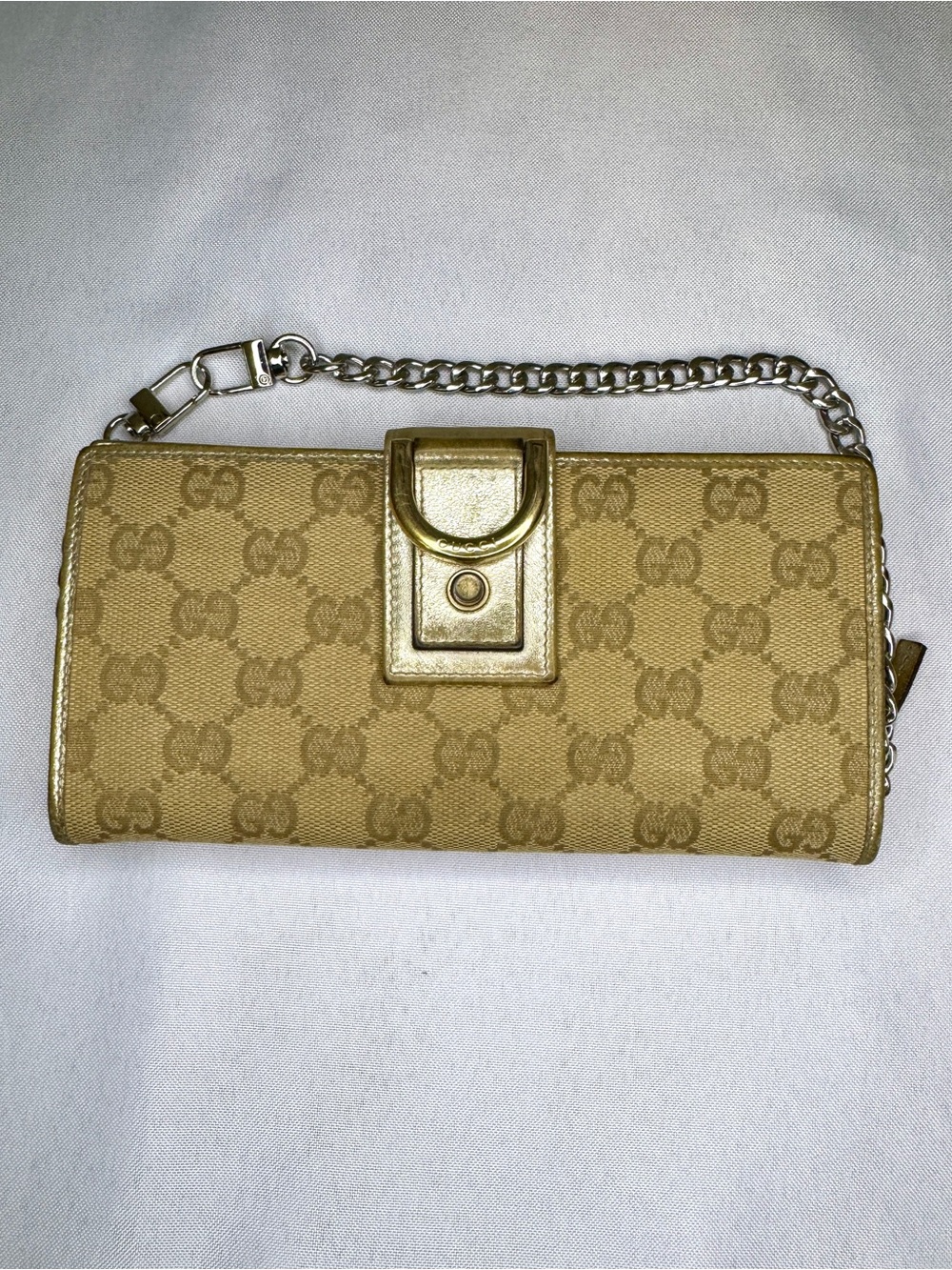 Gucci Vintage GG Canvas Wallet on Chain Gold Metallic D-Ring w/ COA